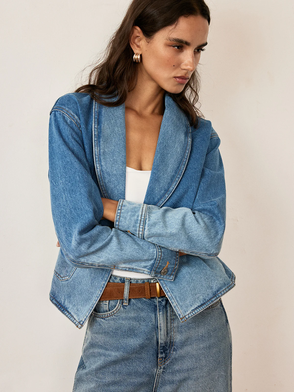 Shawl Collar Washed Denim Jacket - Image 3