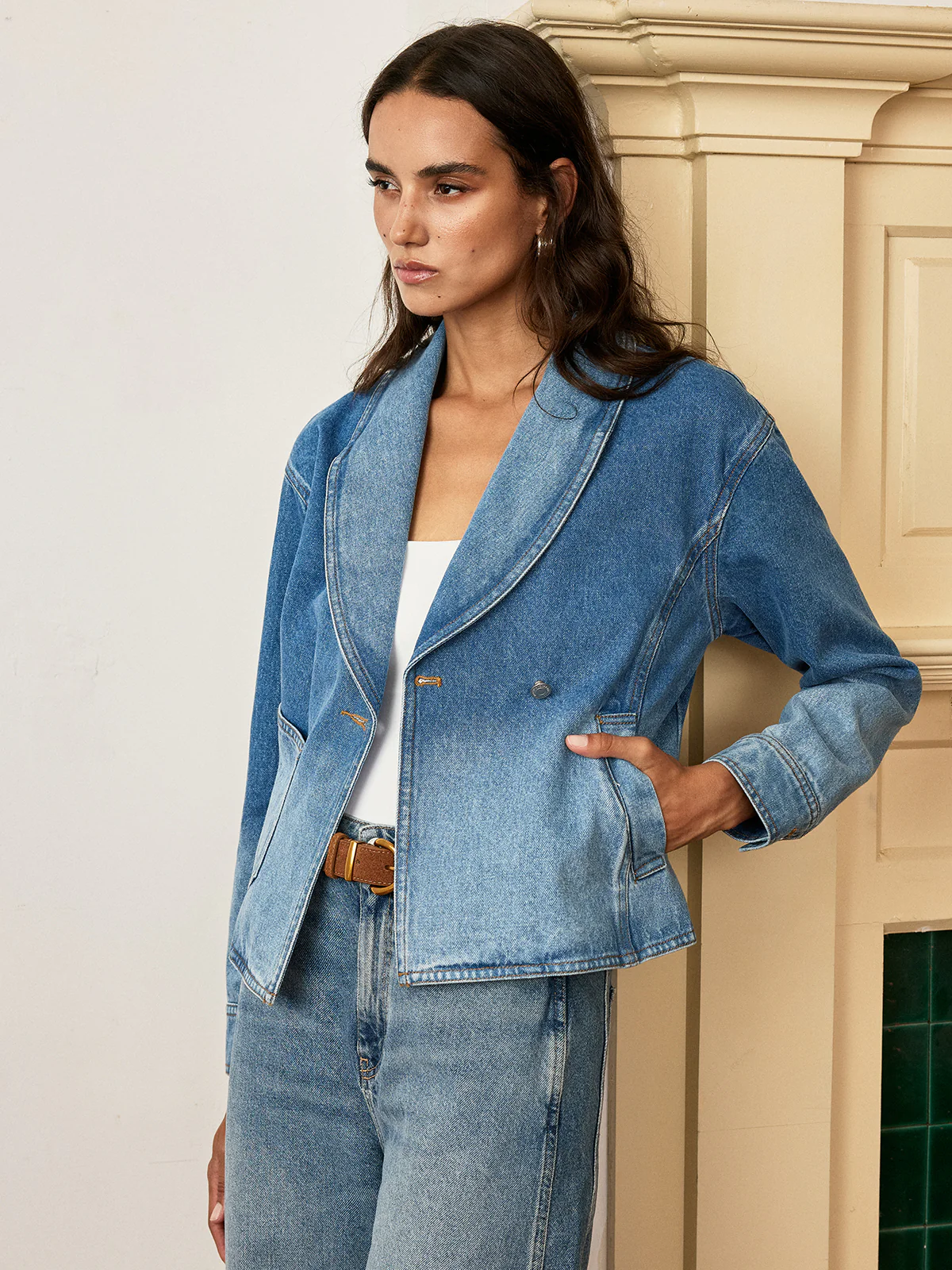 Shawl Collar Washed Denim Jacket - Image 4
