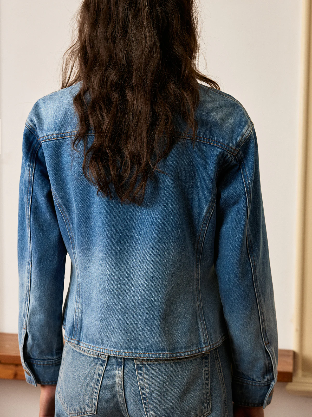 Shawl Collar Washed Denim Jacket - Image 5