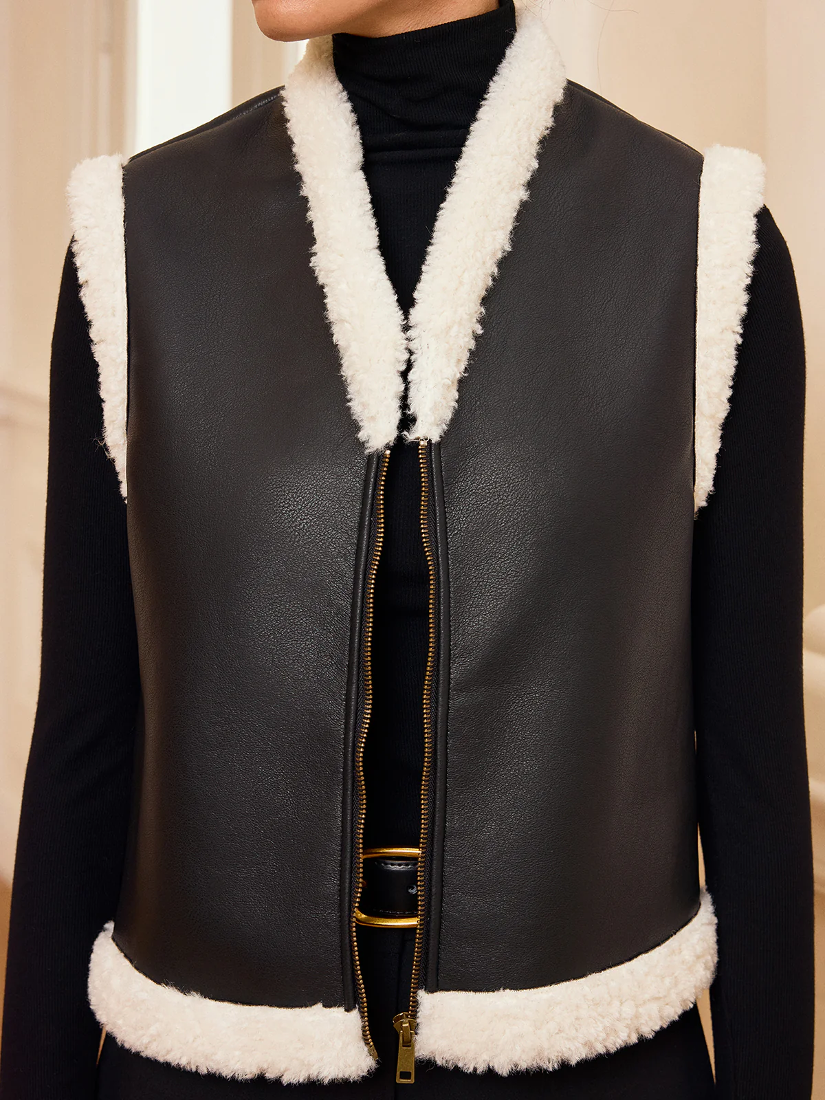 Shearling Trim Zip-Up Faux Leather Vest - Image 2