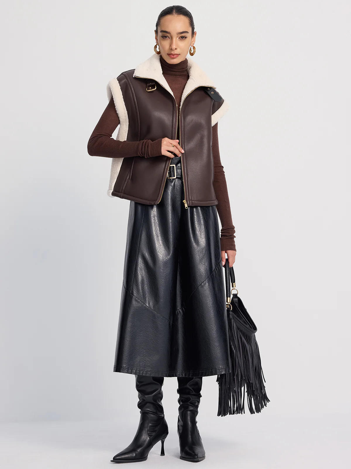 Shearling-Trimmed Faux Leather Sleeveless Vest - Image 3