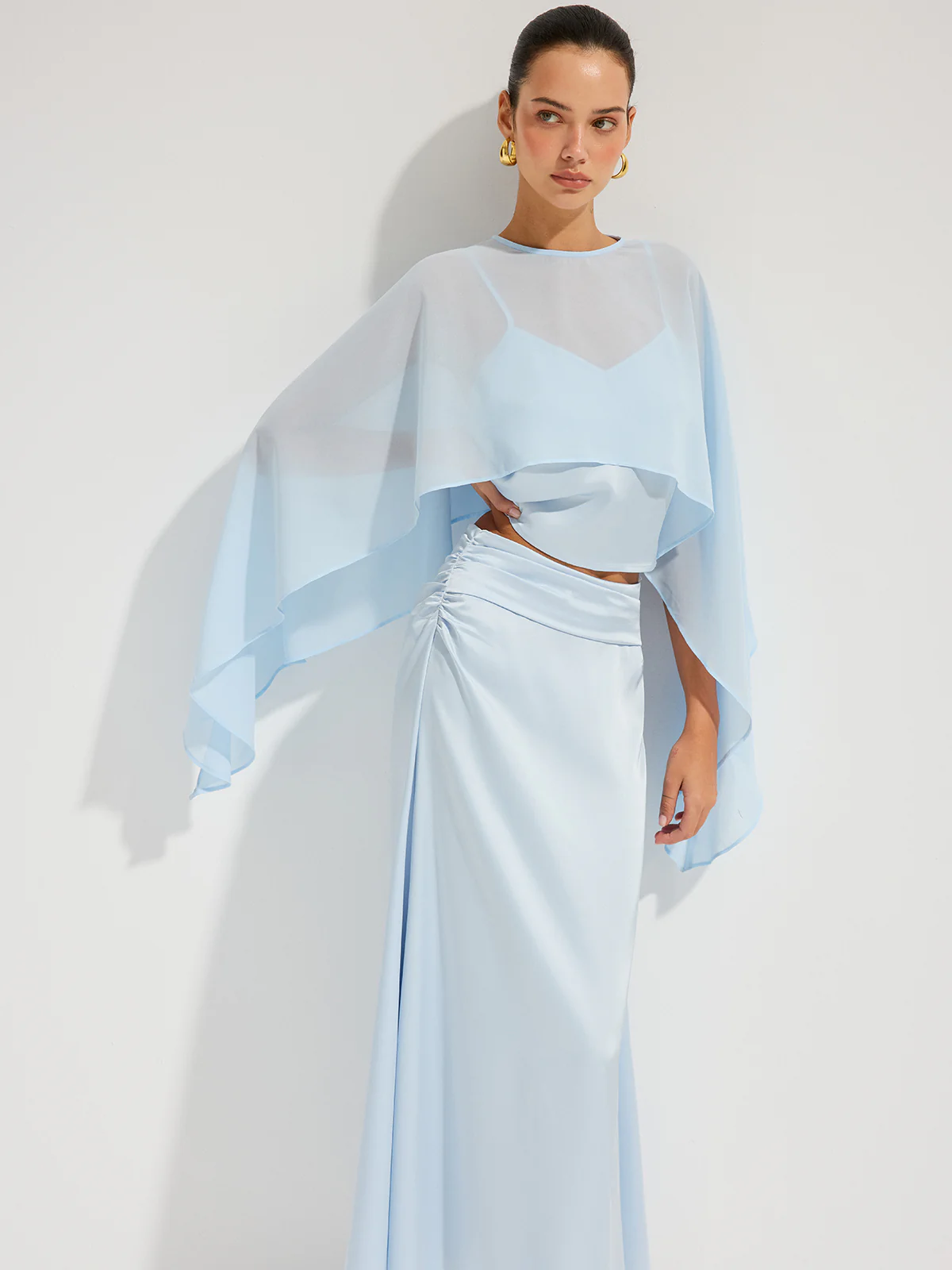 Sheer Cape Top & Satin Maxi Skirt Set