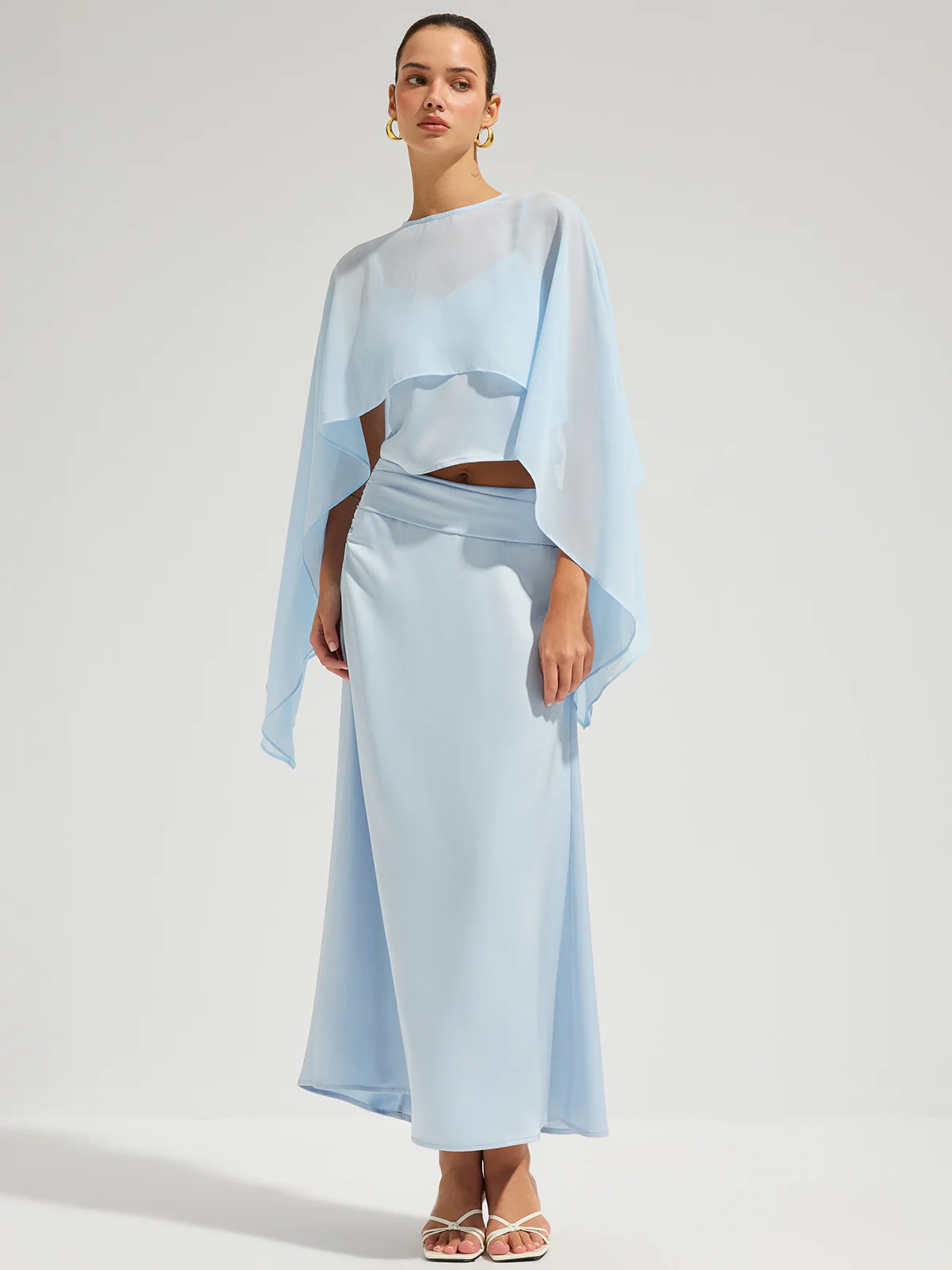 Sheer Cape Top & Satin Maxi Skirt Set - Image 6
