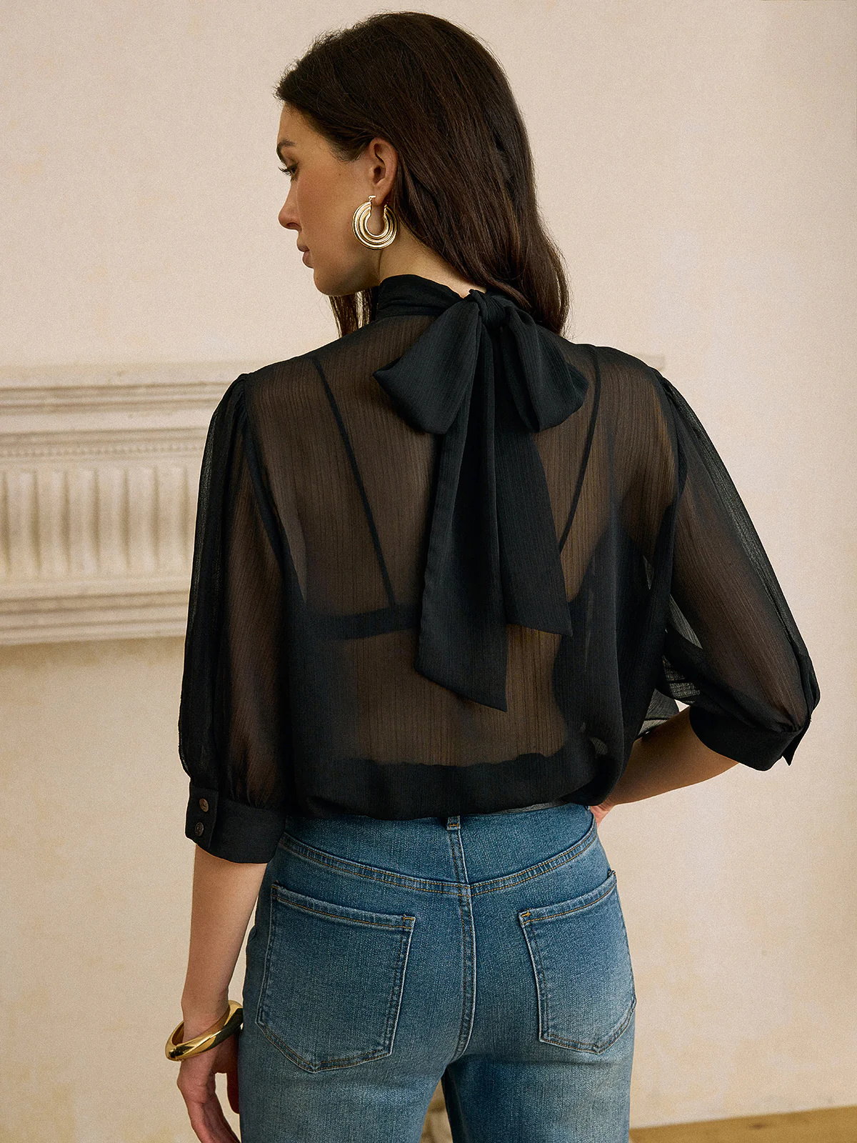 Sheer Chiffon Blouse with Back Bow Detail - Image 5