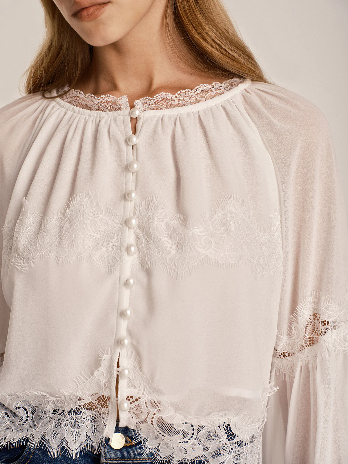 Sheer Chiffon Lace Trim Bell Sleeve Blouse - Image 2