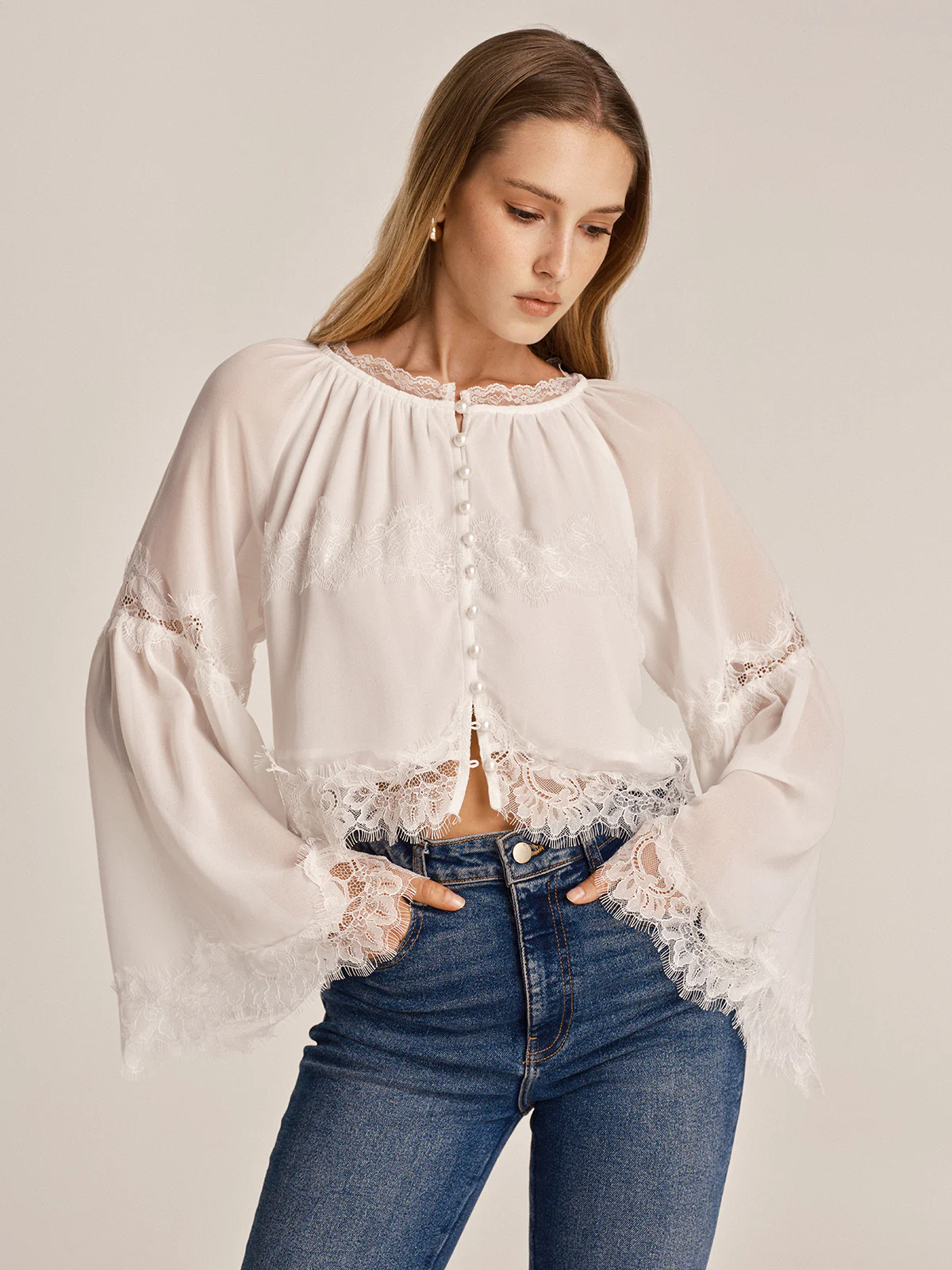 Sheer Chiffon Lace Trim Bell Sleeve Blouse - Image 3