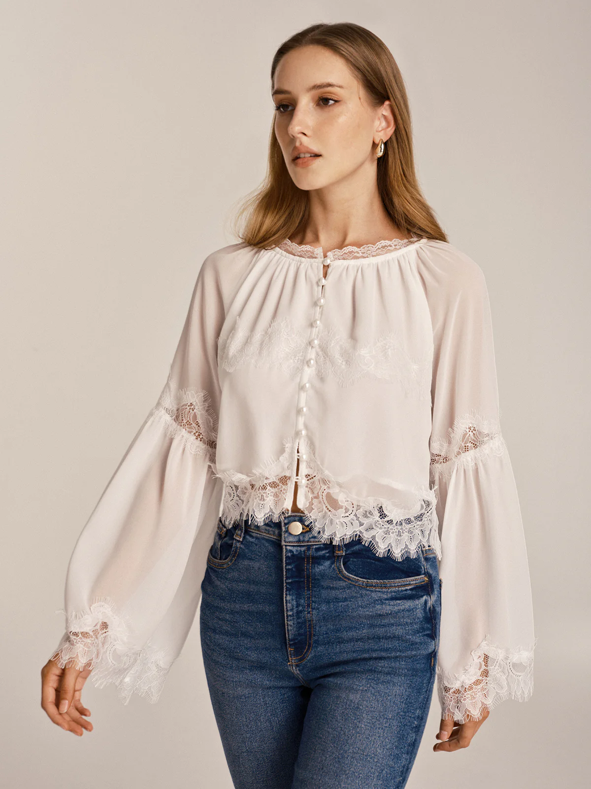 Sheer Chiffon Lace Trim Bell Sleeve Blouse - Image 4