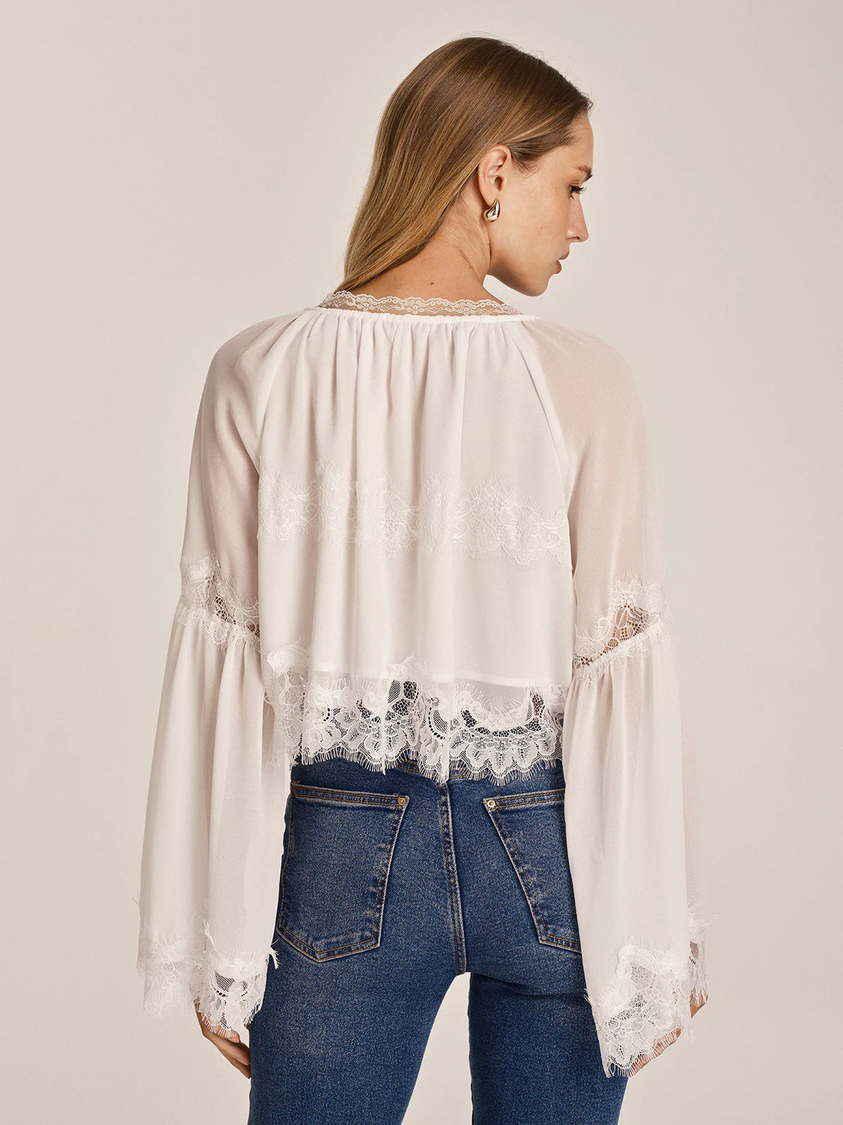 Sheer Chiffon Lace Trim Bell Sleeve Blouse - Image 5