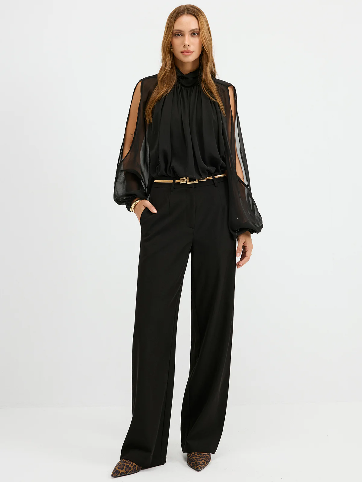 Sheer Chiffon Mock Neck Backless Blouse - Image 5