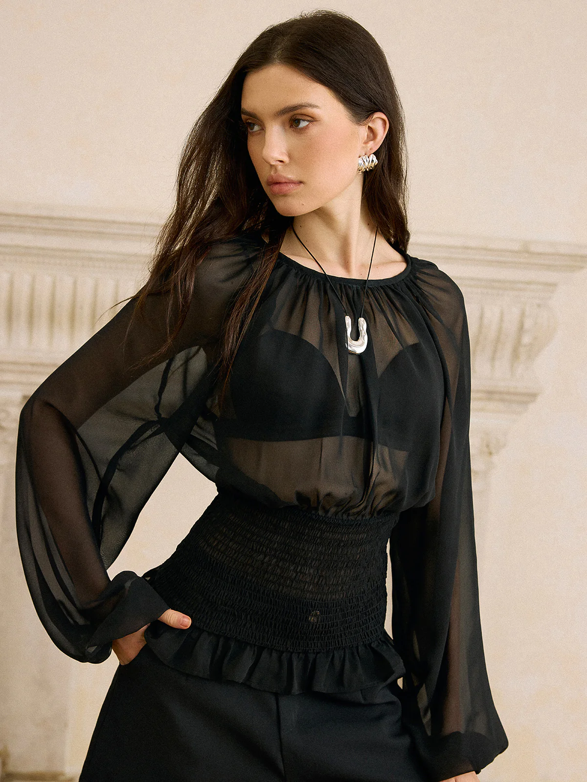 Sheer Chiffon Smocked Waist Blouse