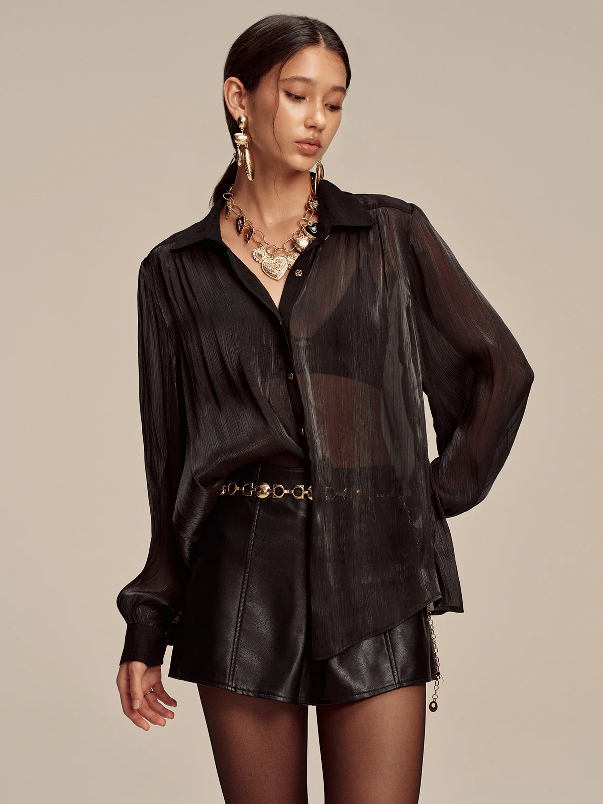 Sheer Chiffon Textured Metal Button Shirt - Image 2