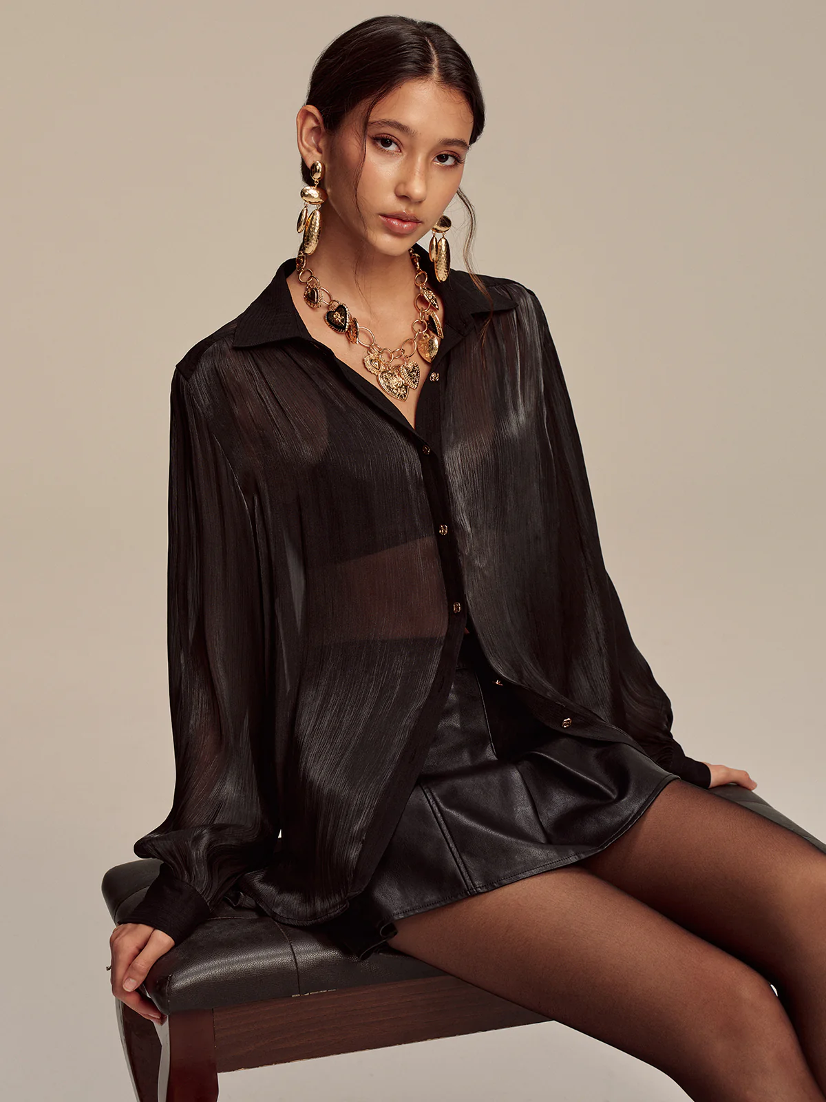 Sheer Chiffon Textured Metal Button Shirt - Image 4
