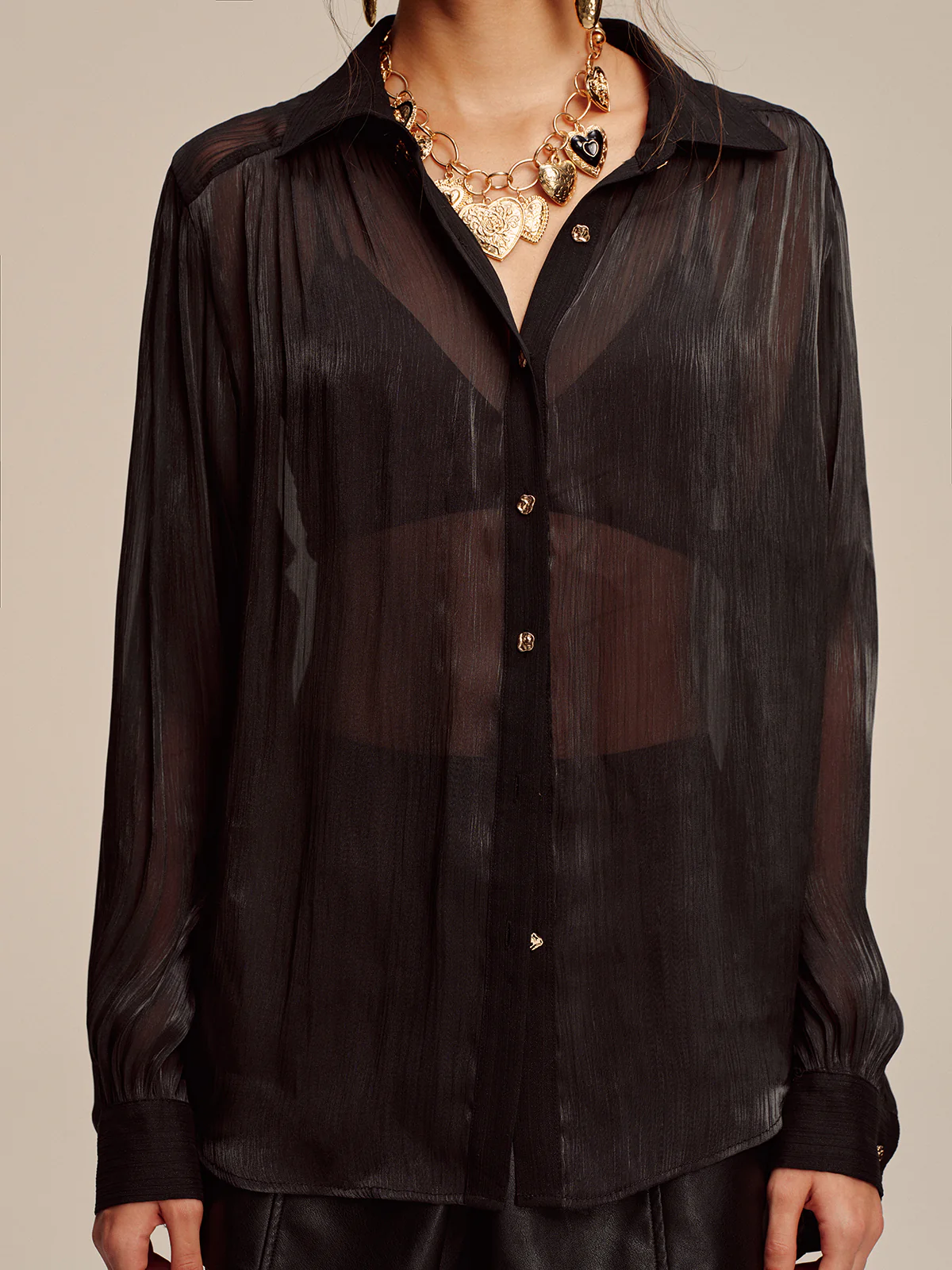 Sheer Chiffon Textured Metal Button Shirt - Image 5
