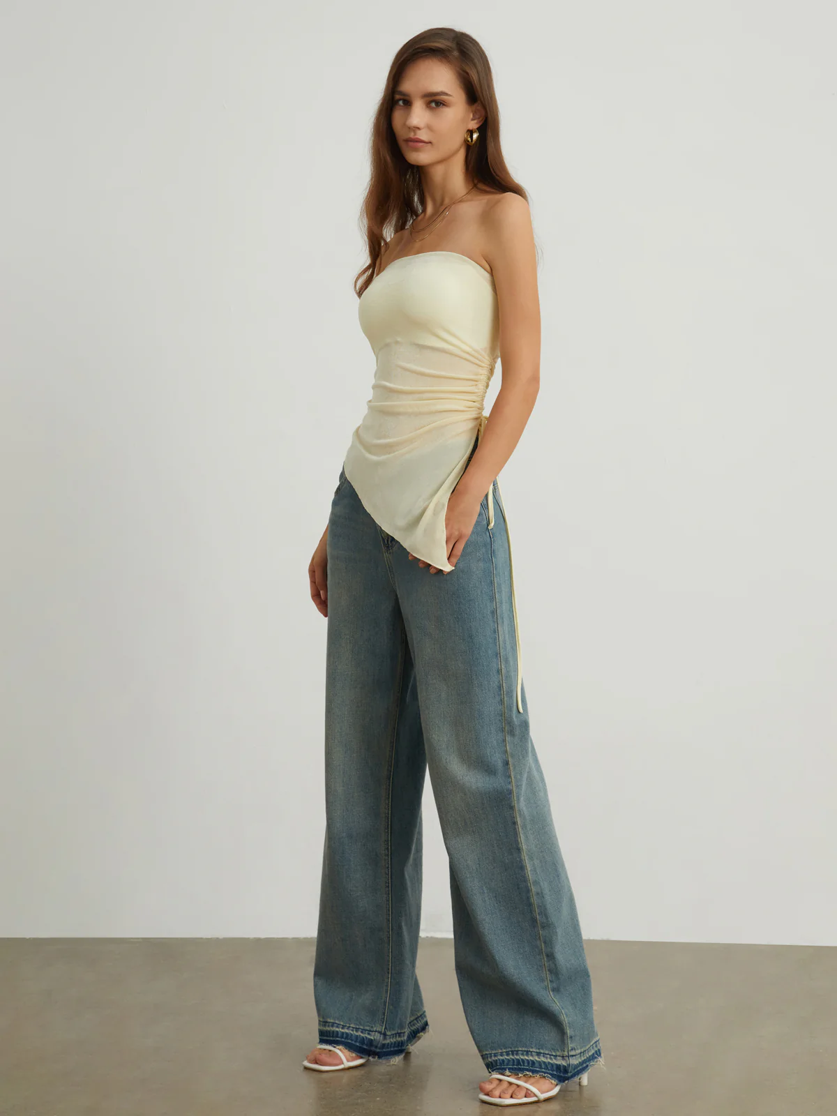 Sheer Drawstring Mesh Cover Up Tube Top - Image 4