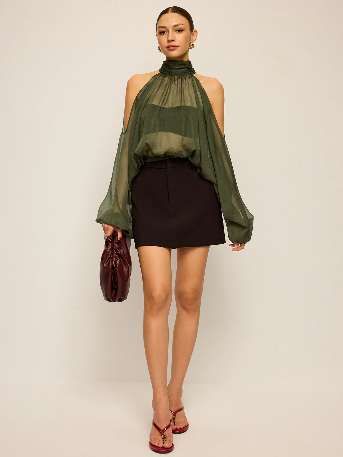 Sheer Halter Neck Cut-Out Sleeve Top with Bow Back - Image 3