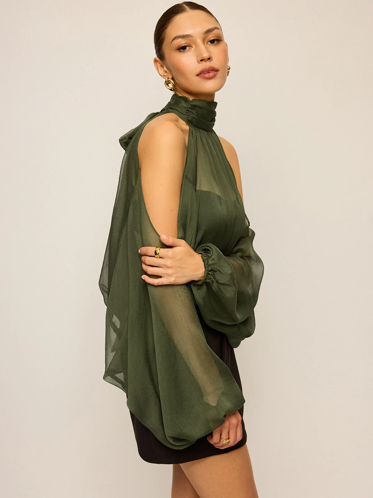 Sheer Halter Neck Cut-Out Sleeve Top with Bow Back - Image 4
