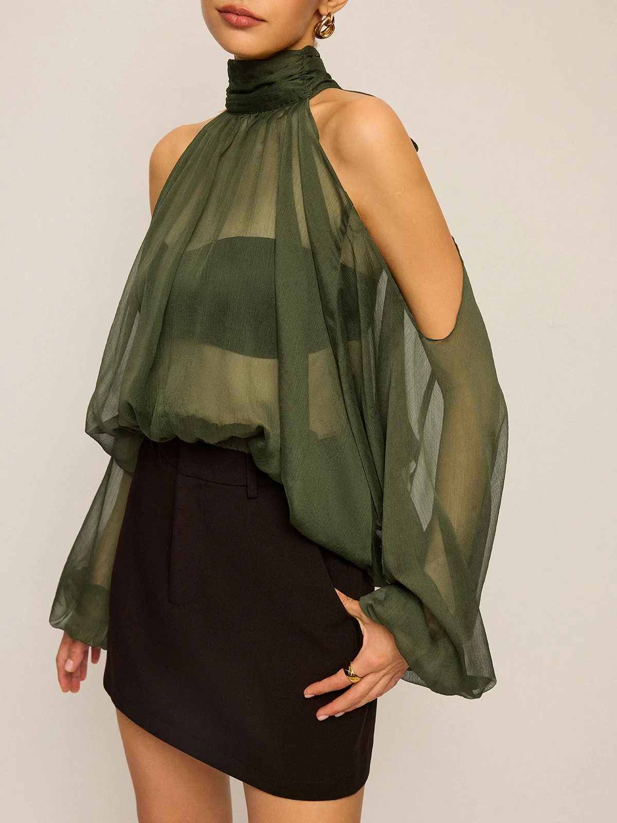 Sheer Halter Neck Cut-Out Sleeve Top with Bow Back - Image 5