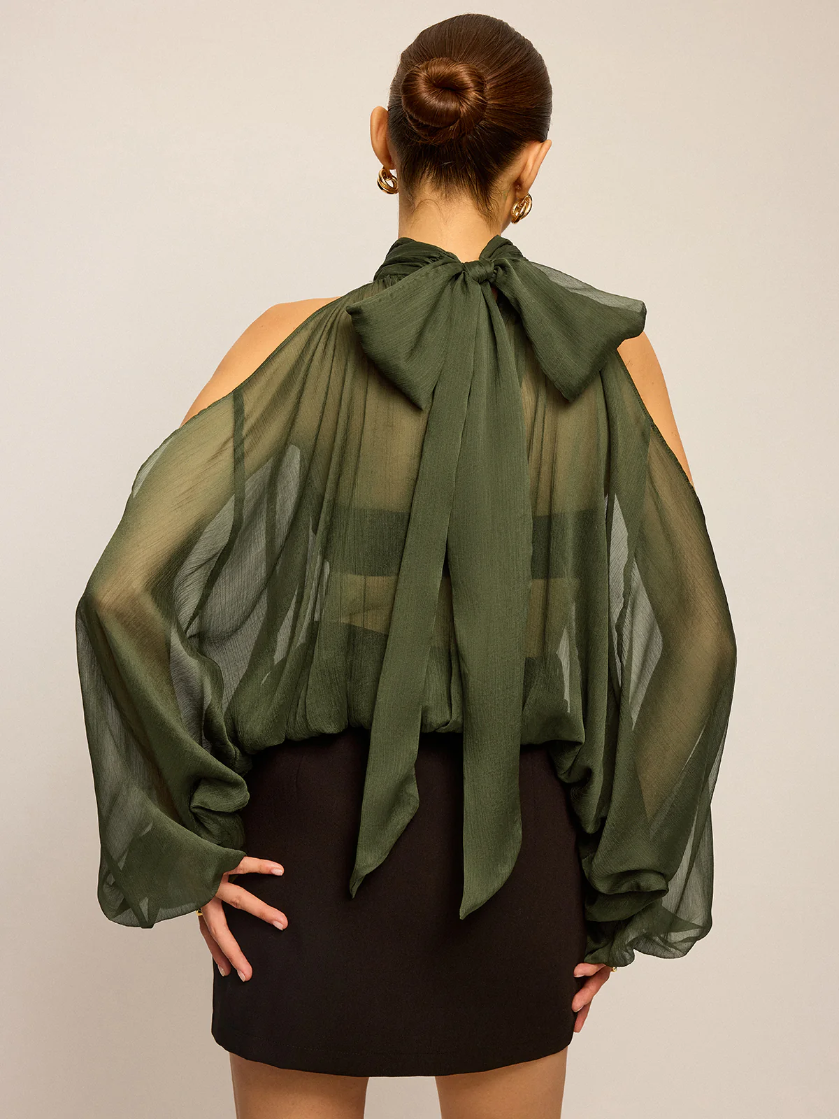 Sheer Halter Neck Cut-Out Sleeve Top with Bow Back - Image 7