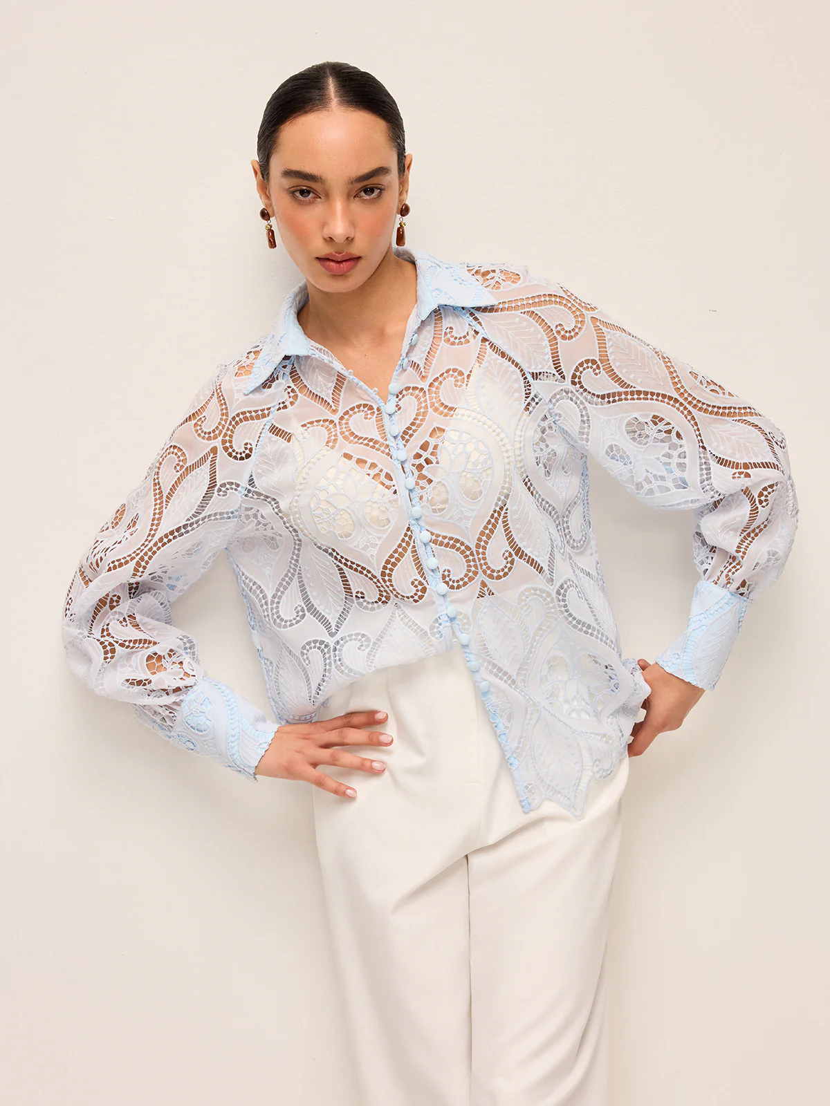 Sheer Lace Blouse With Cloth Button - Image 2