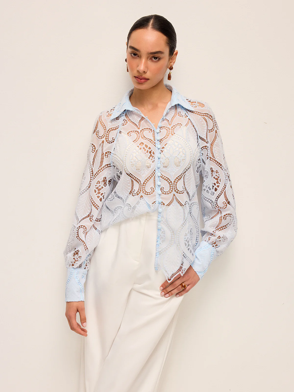 Sheer Lace Blouse With Cloth Button - Image 6