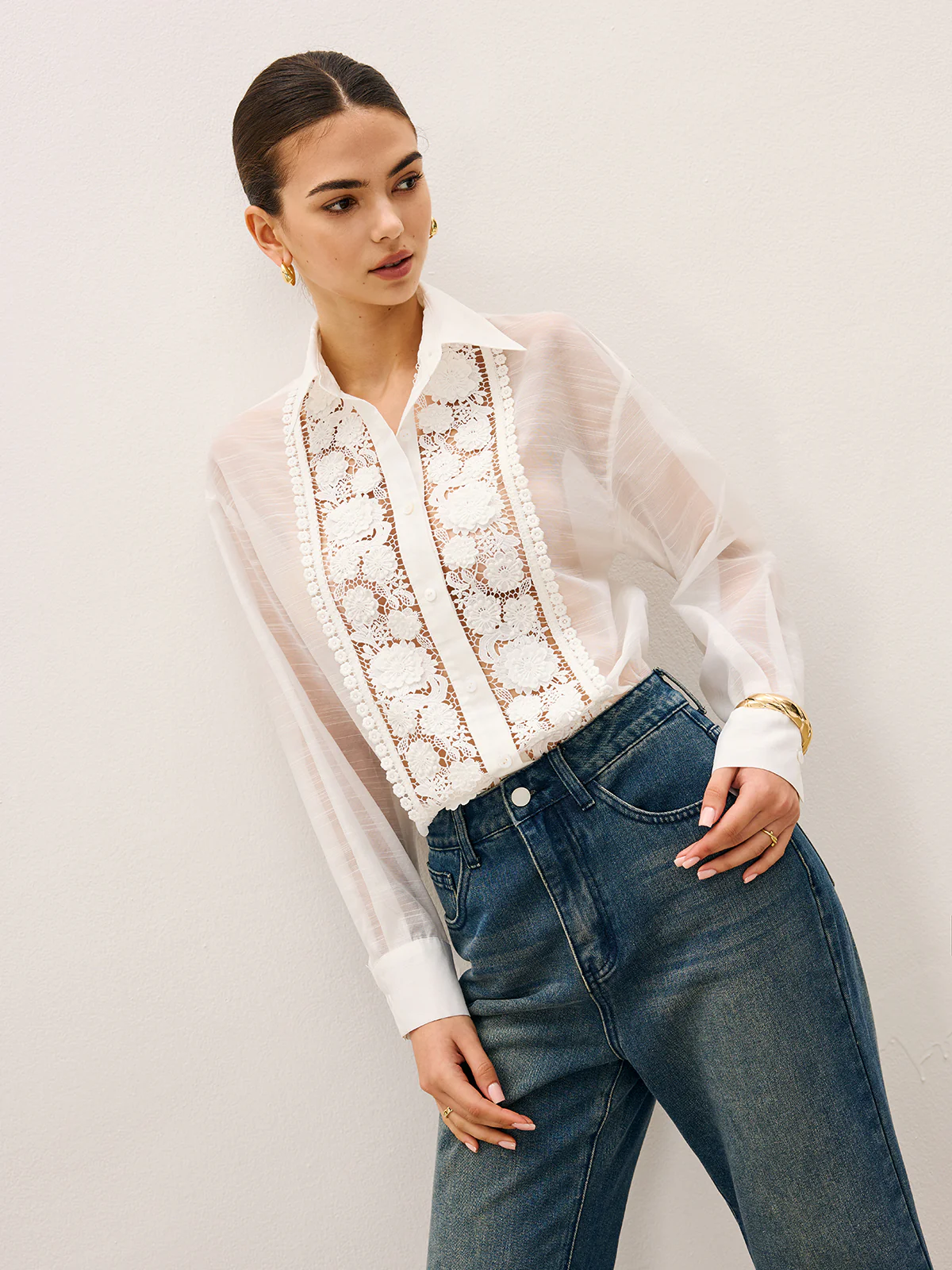 Sheer Lace Detail Blouse - Image 5