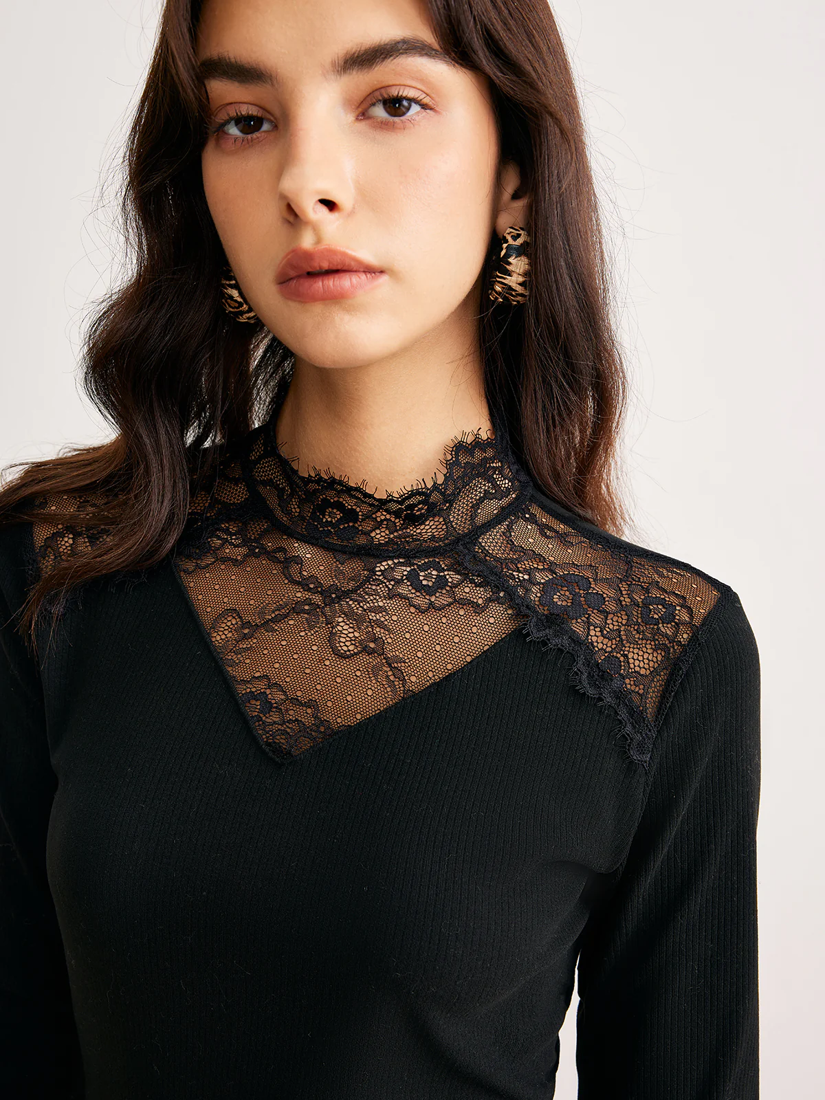Sheer Lace Detail Slim Knit Top - Image 2