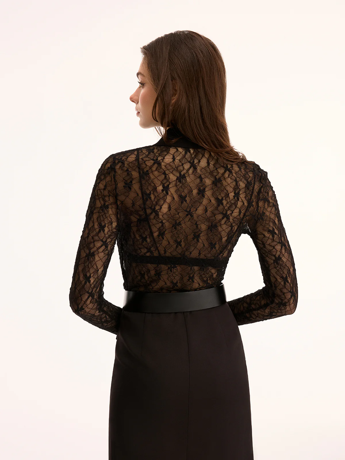 Sheer Lace Long Sleeve Cropped Blouse - Image 5