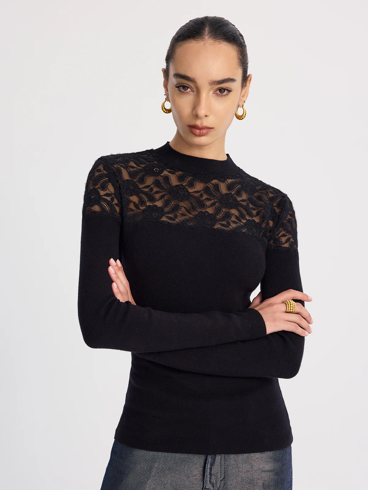Sheer-Lace Paneled Knit Sweater