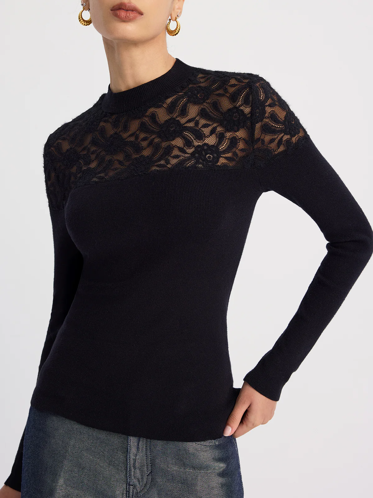 Sheer-Lace Paneled Knit Sweater - Image 4