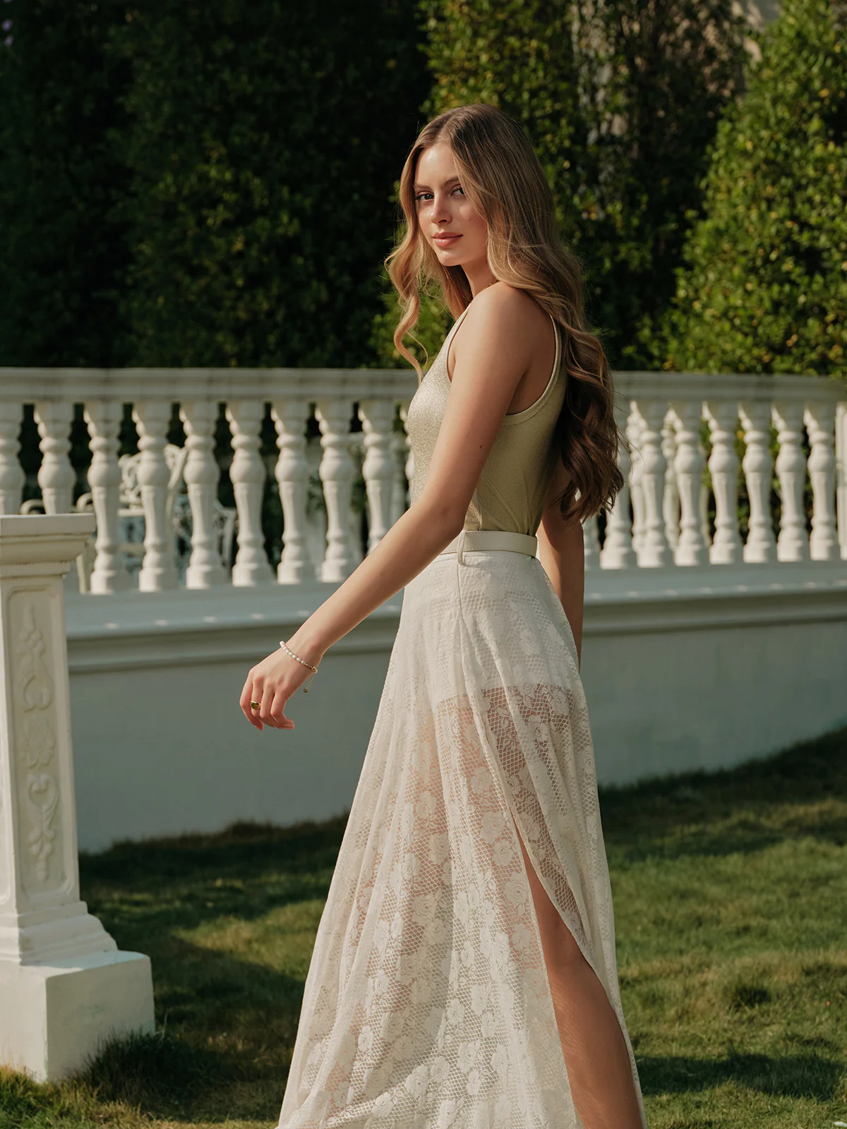 Sheer Lace Split Skirt With Belt - Image 4