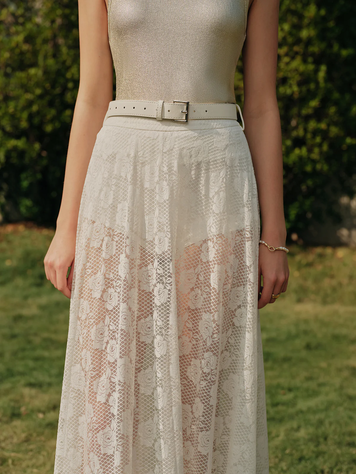 Sheer Lace Split Skirt With Belt - Image 6