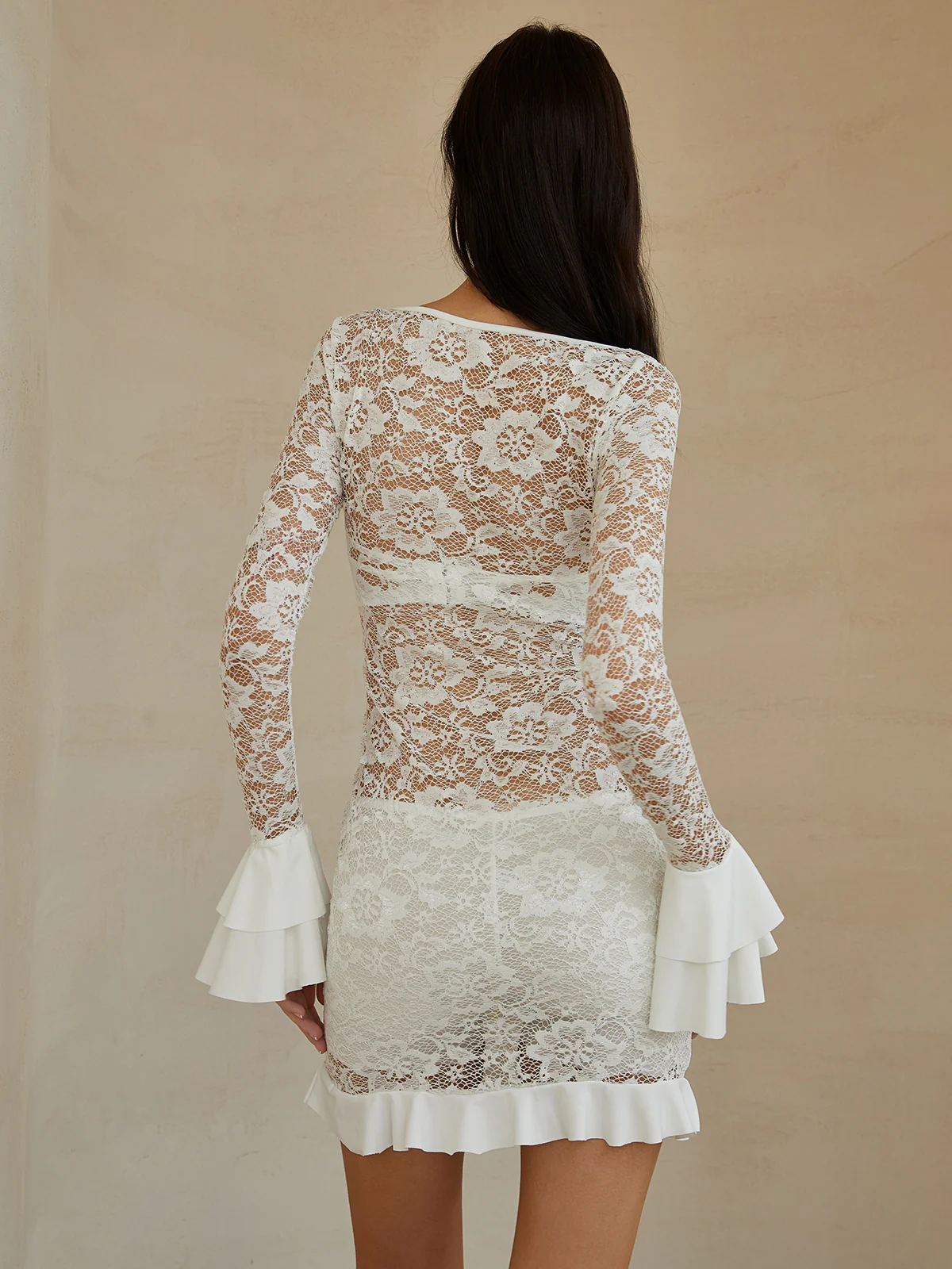 Sheer Long Sleeve Lace Short Dress - Image 6