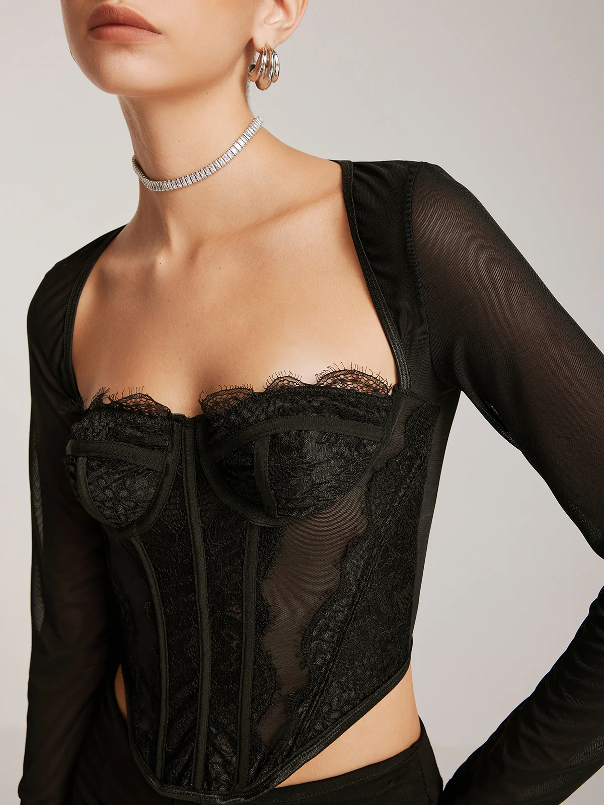 Sheer Long Sleeve Sweetheart Lace Skinny T-Shirt - Image 5