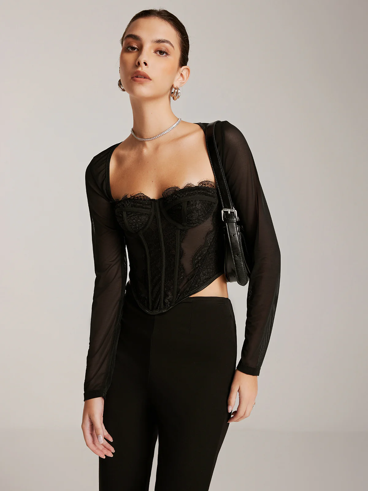 Sheer Long Sleeve Sweetheart Lace Skinny T-Shirt - Image 6
