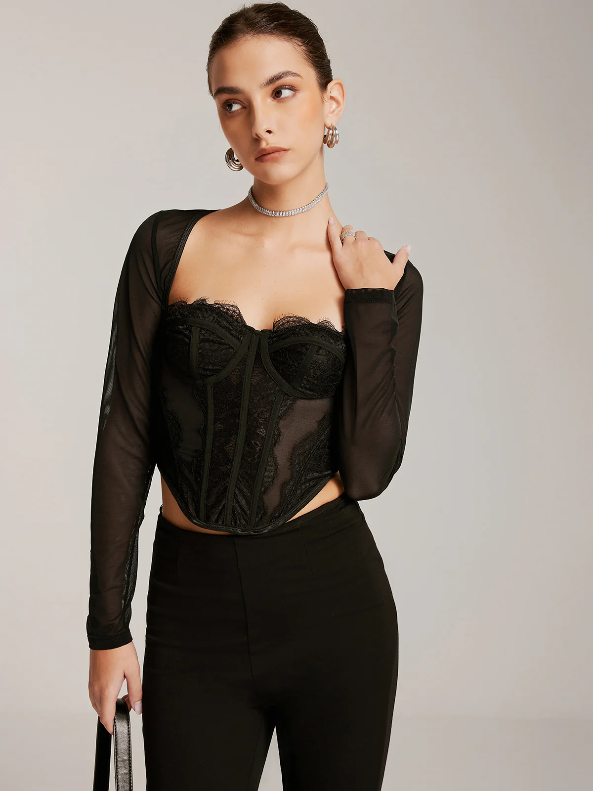 Sheer Long Sleeve Sweetheart Lace Skinny T-Shirt - Image 7