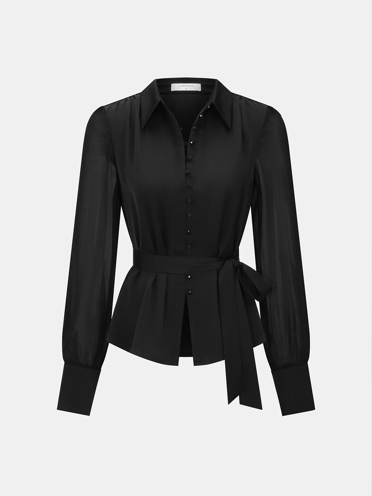 Sheer Long Sleeve Tie-Waist Satin Shirt - Image 2