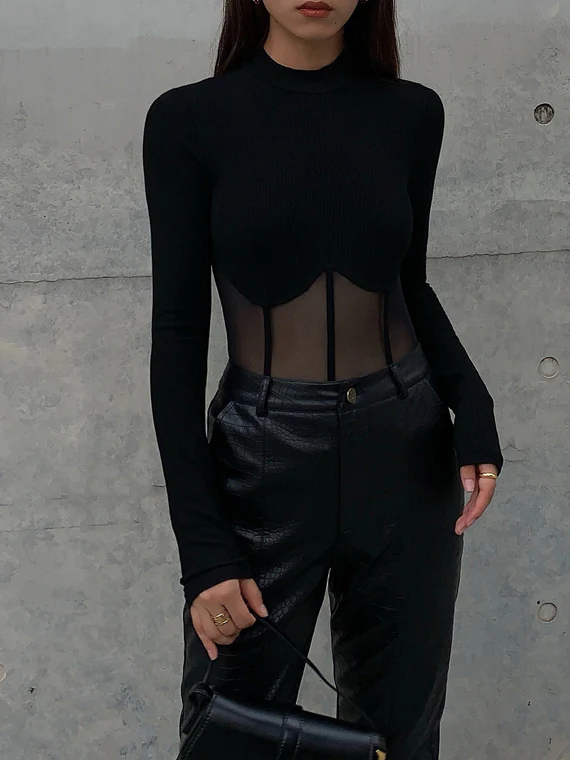 Sheer Mesh Combination Long Sleeve Top - Image 3