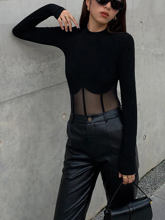 Sheer Mesh Combination Long Sleeve Top - Image 5