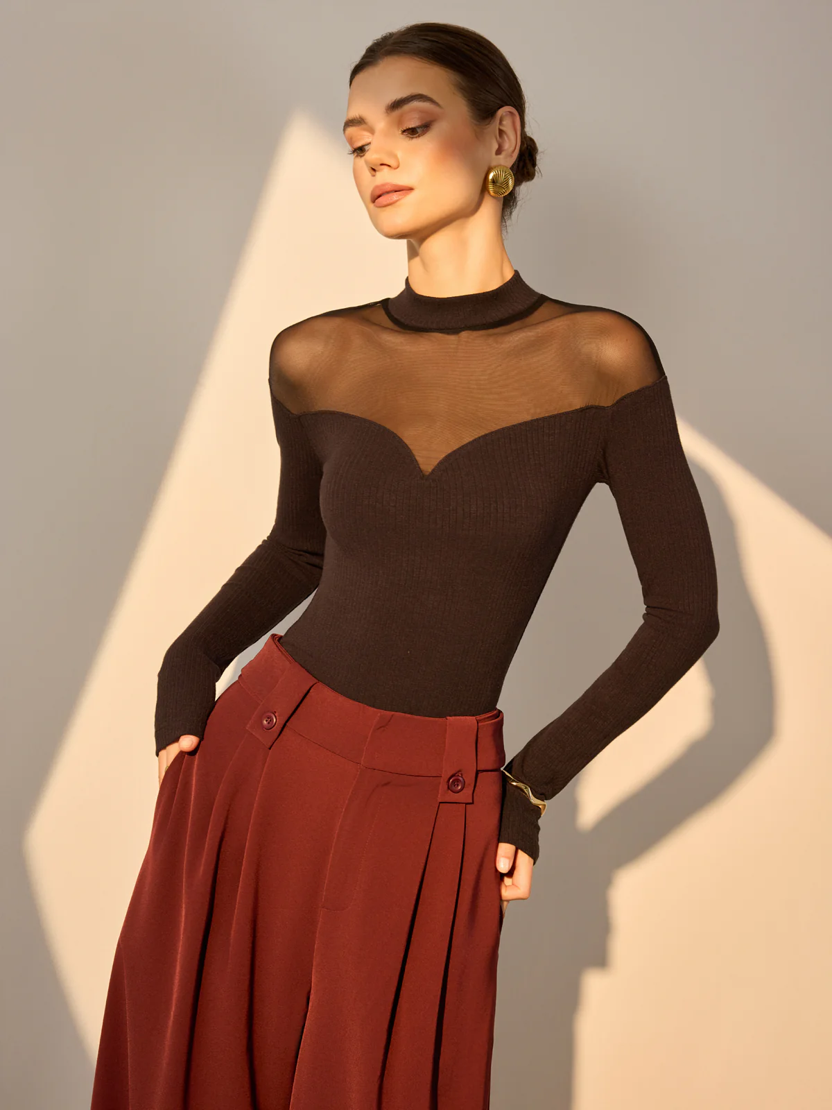 Sheer Mesh-Detail Sweetheart Slim Top - Image 2