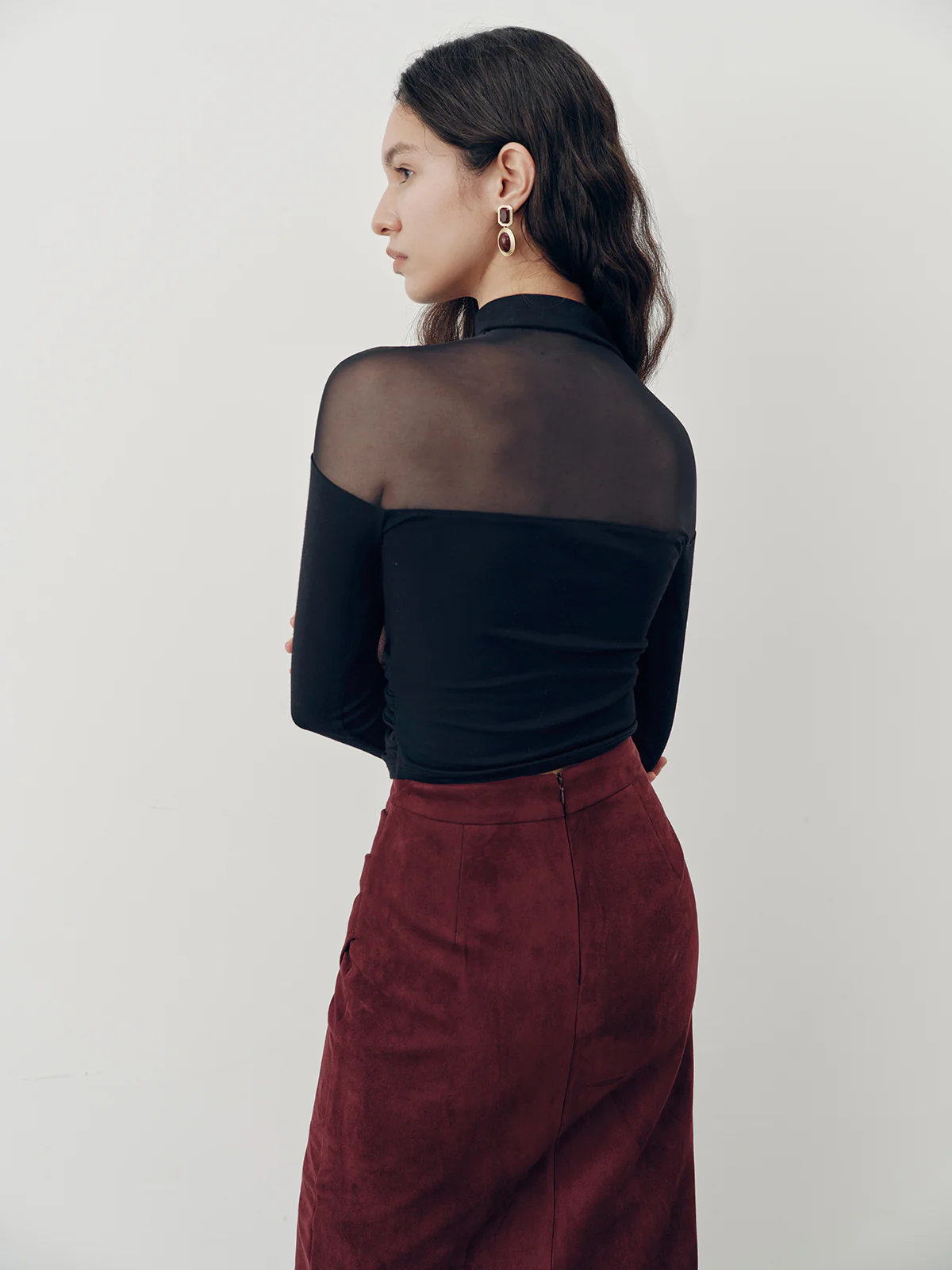 Sheer Mesh Panel Long Sleeve Top - Image 2