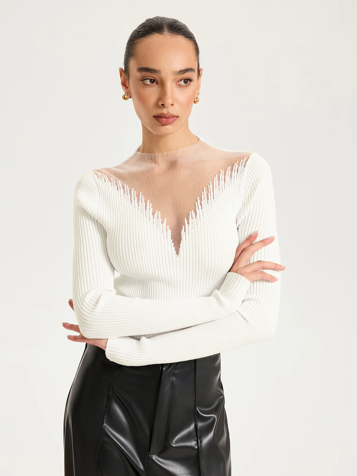 Sheer Mesh Panel Ribbed Knit Top