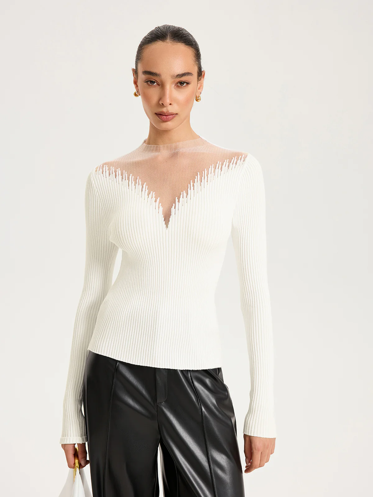 Sheer Mesh Panel Ribbed Knit Top - Image 2