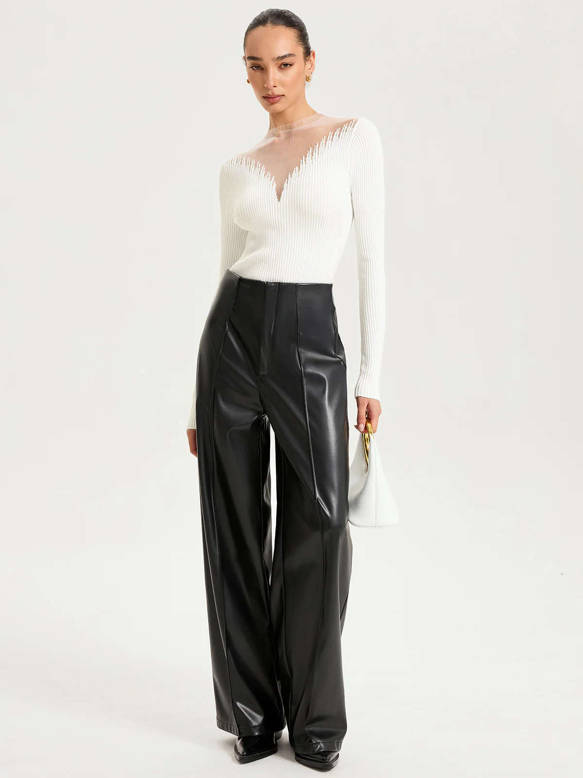 Sheer Mesh Panel Ribbed Knit Top - Image 3