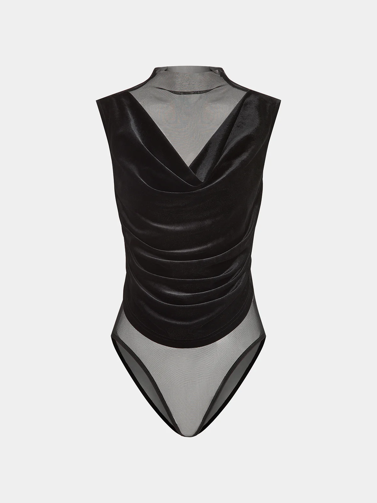 Sheer Mesh Panel Velvet Ruched Bodysuit