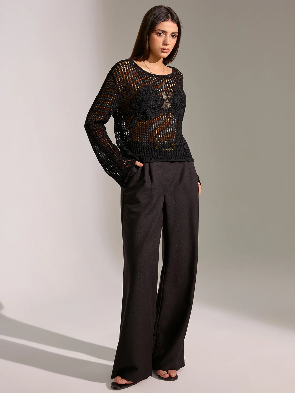 Sheer Openwork Crochet Long Sleeve Top - Image 2