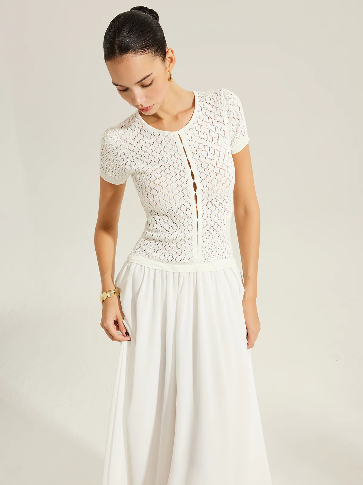 Sheer-Panel Button-Front Knit Dress - Image 2
