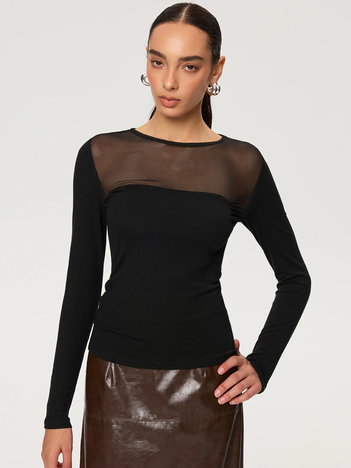 Sheer Panel Long Sleeve T-Shirt - Image 4