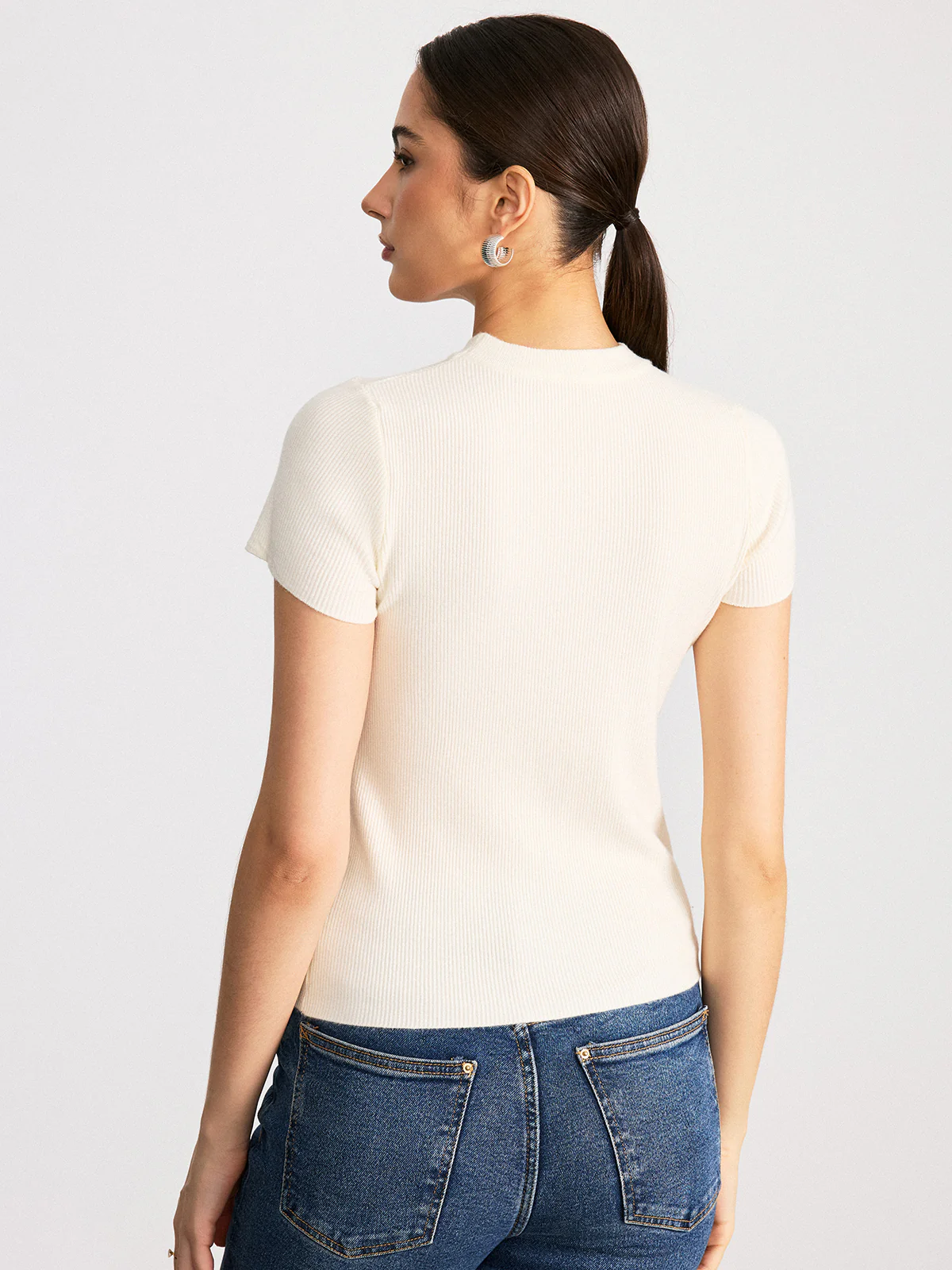 Sheer Panel Mock Neck Short Sleeve T-Shirt - Image 5