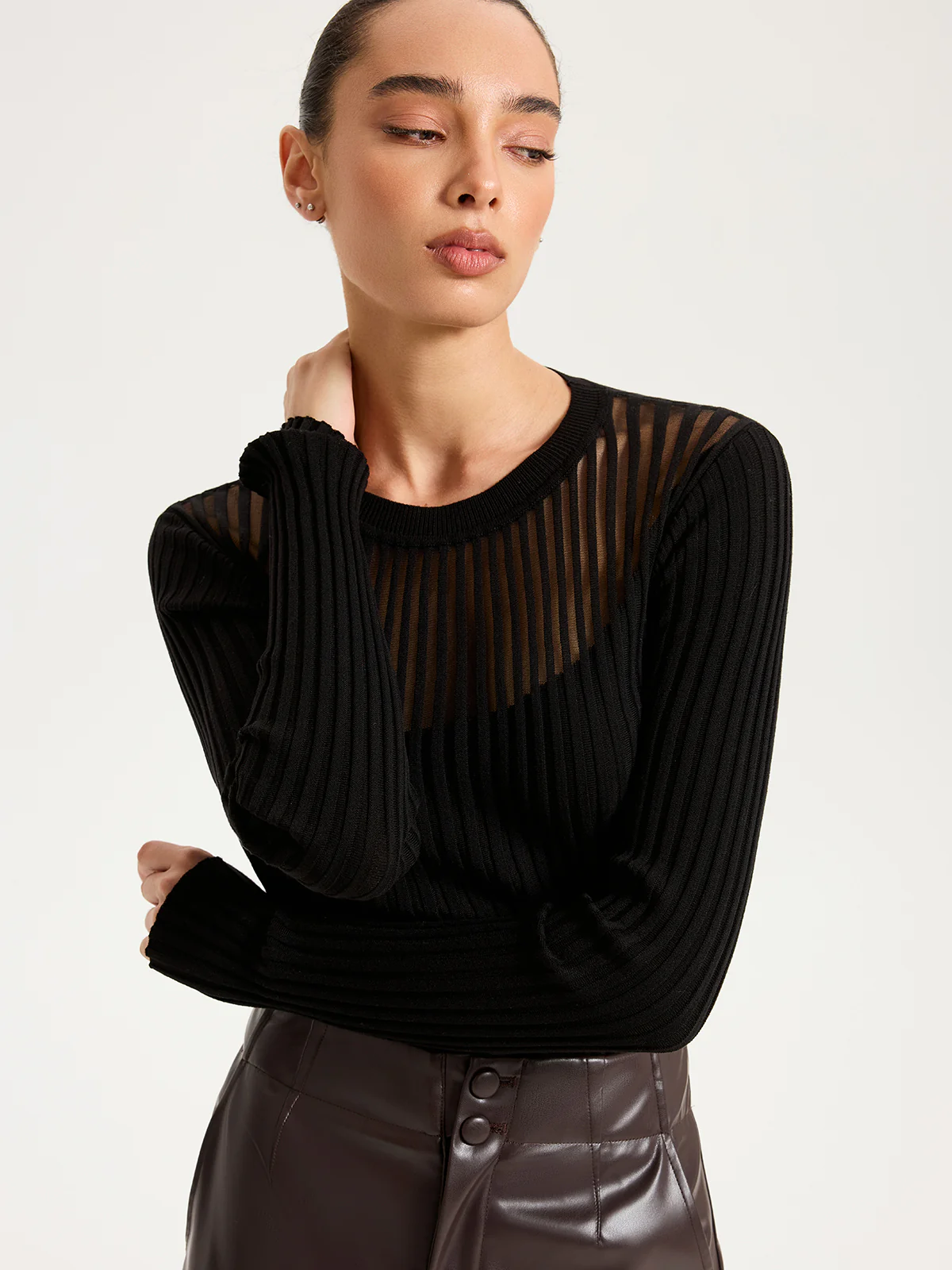 Sheer Panel Ribbed Knit Top - Image 6
