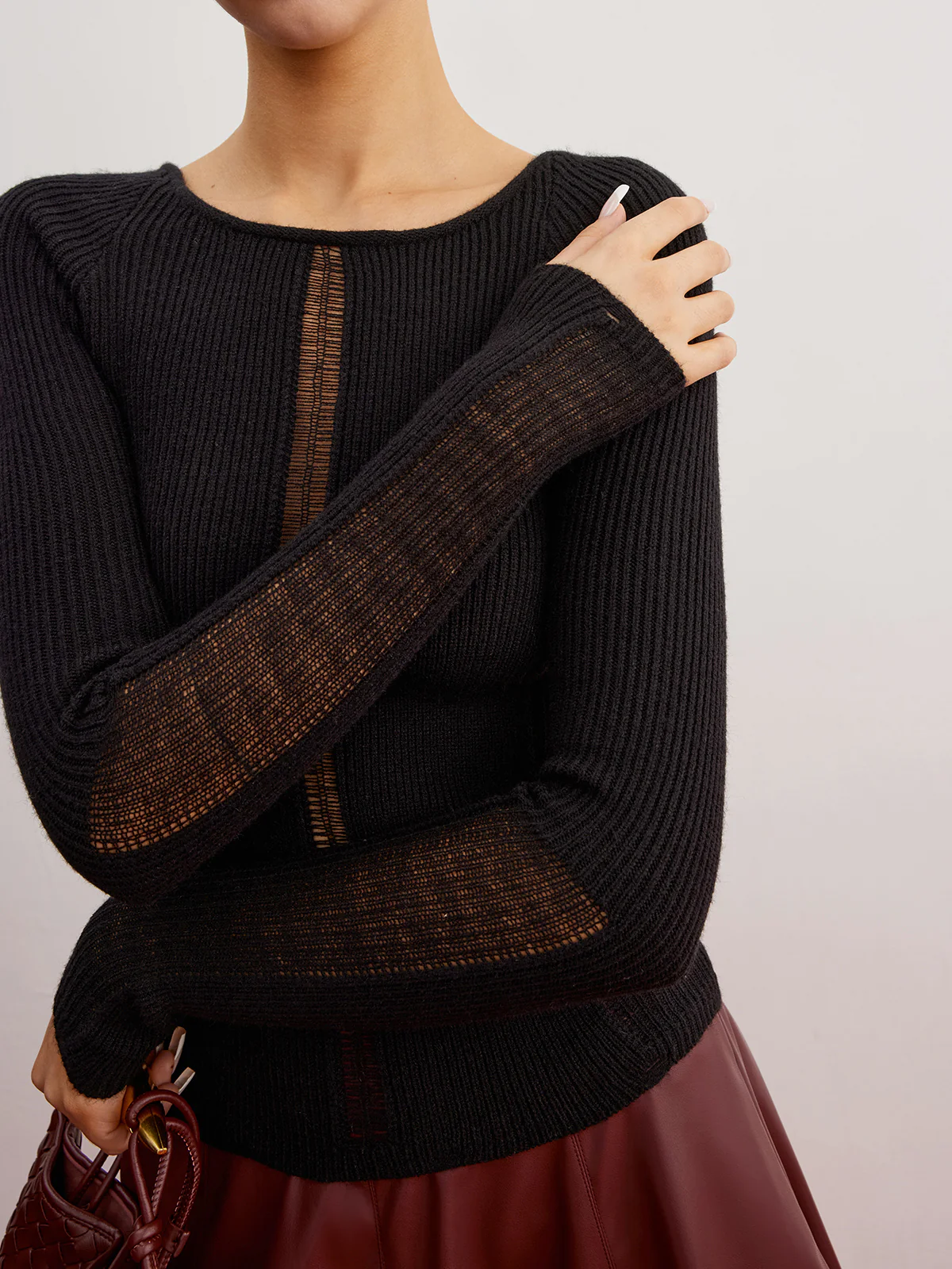 Sheer Panel Ribbed Slim Sweater - Image 4